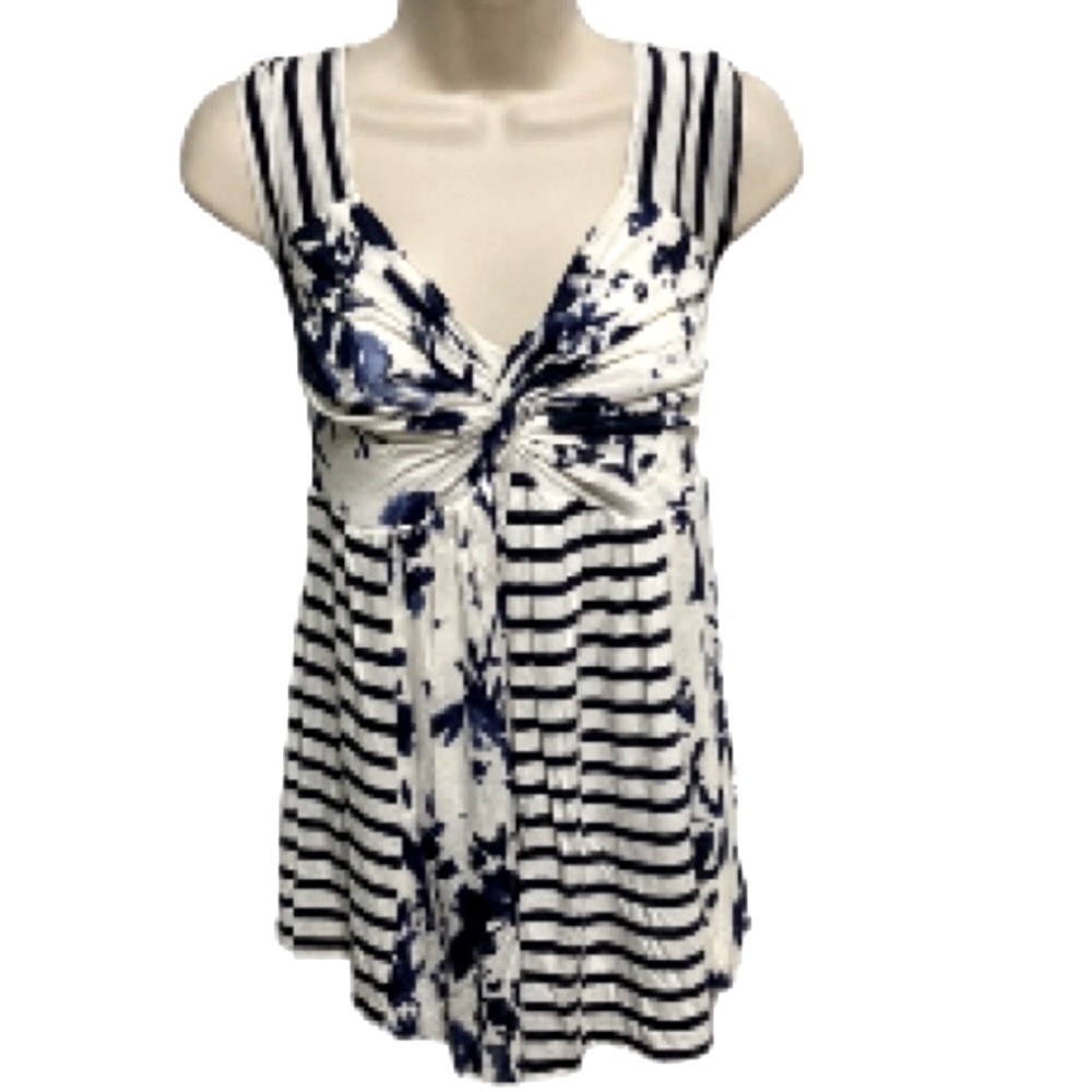BAILEY 44 Baby Doll Nautical Stripes Floral Twist Knot  Blue White Top Medium